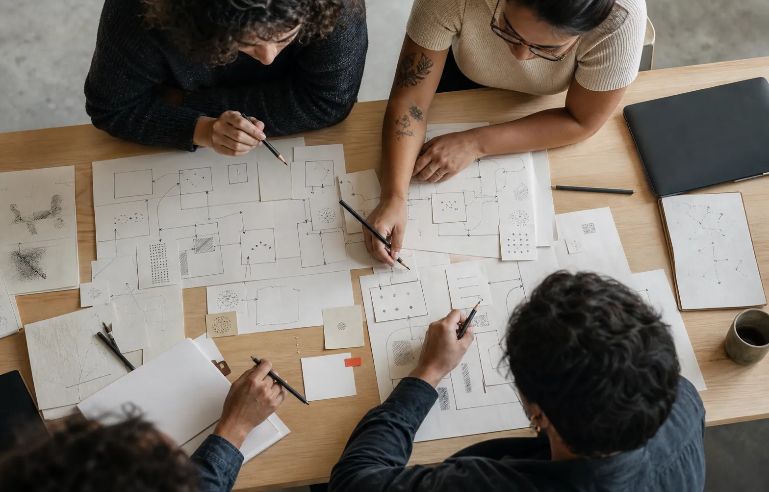 Equipe analisando um processo de trabalho em conjunto